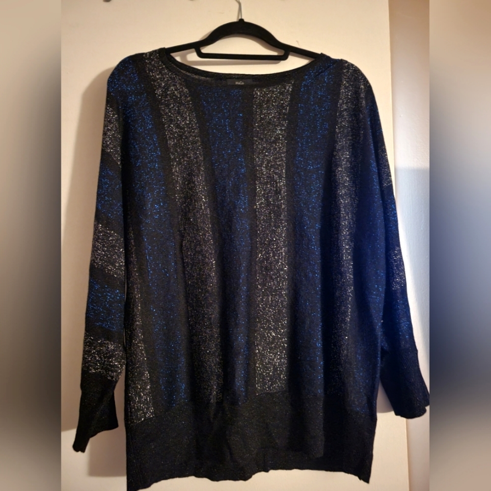 M&Co blue and silver glitter semi sheer  long sleeve boat neck top size M